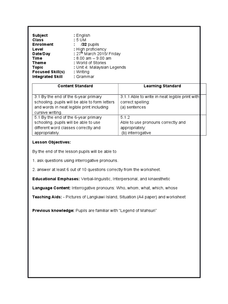 lesson plan year 5 grammar malaysian legends pdf linguistics human communication
