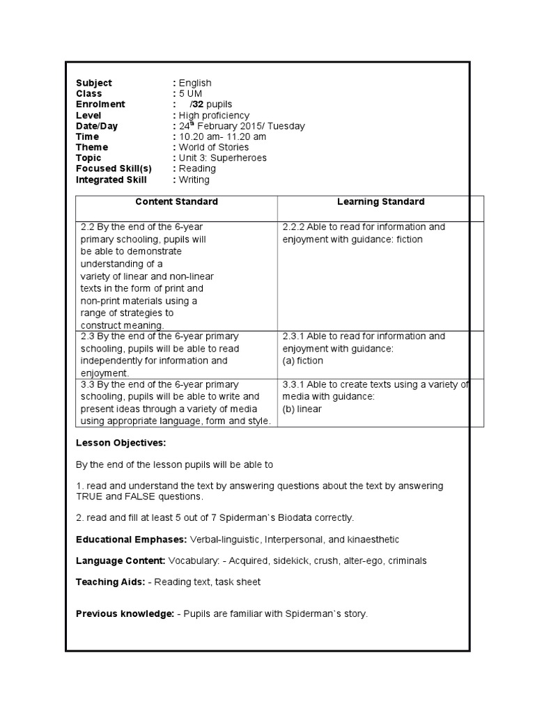 Lesson Plan Year 5 (Reading Superheroes) | PDF | Psychological Concepts ...