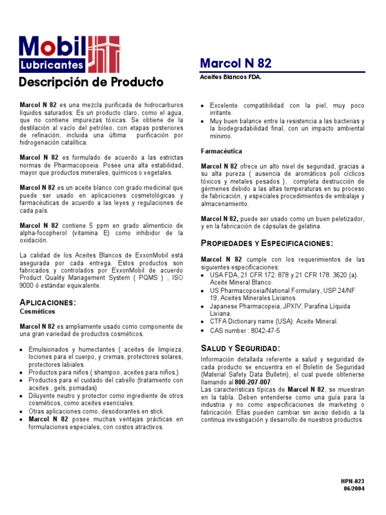Marcol N 82: Aceite Blanco Medicinal | PDF | Petróleo | Productos ...
