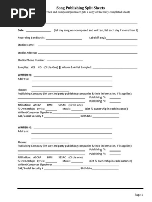Song Publishing Split Sheet