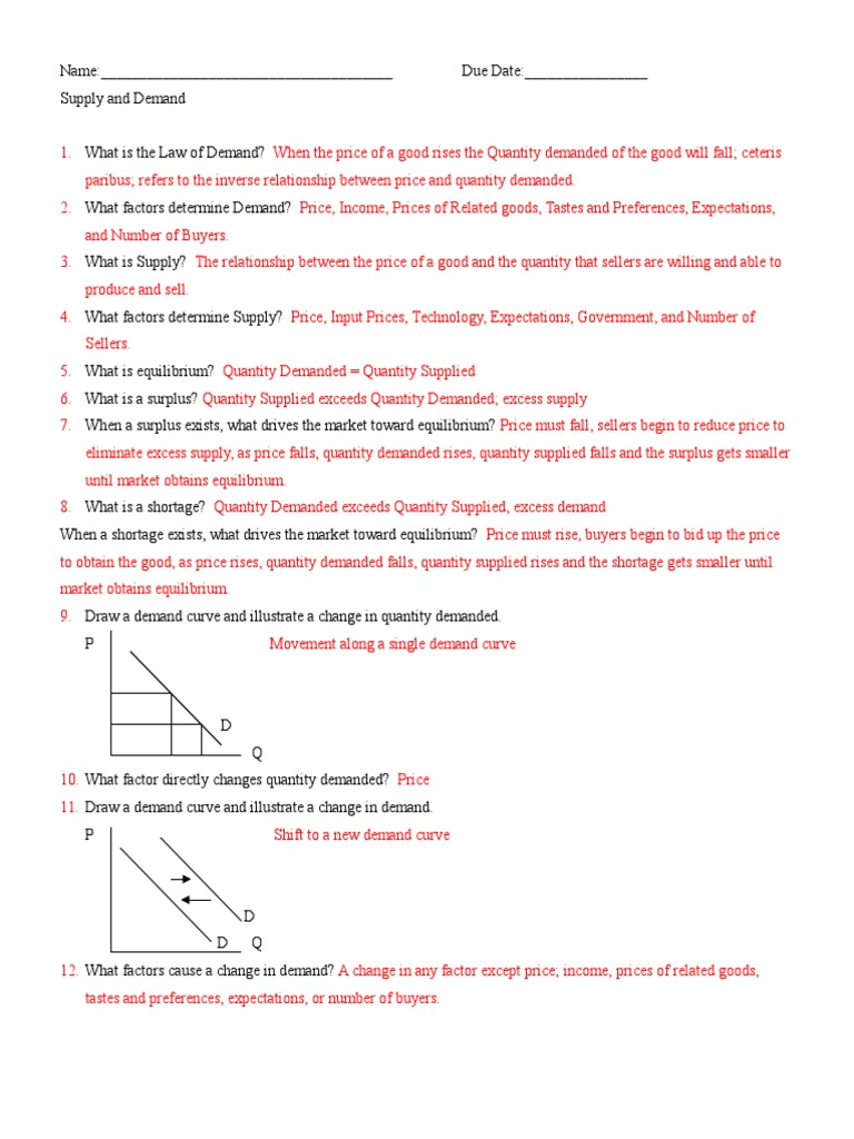 Supply and Demand Answers PDF Supply And Demand Demand Curve