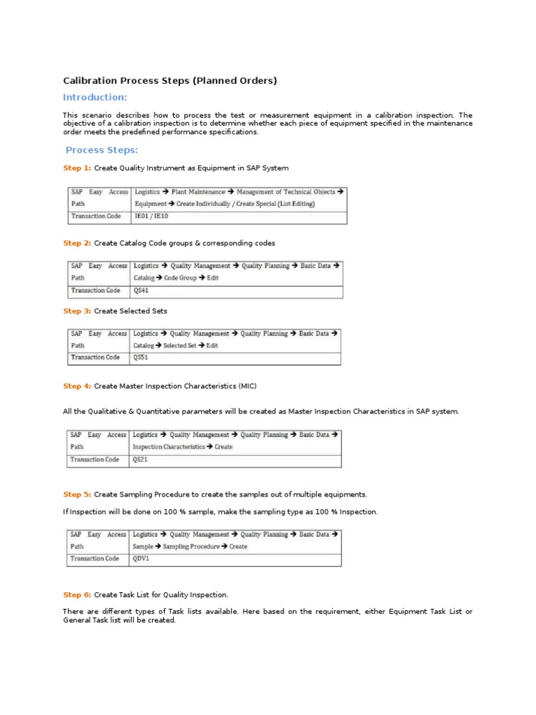 Calibration Process Steps (Planned Orders) : Step 1 | PDF