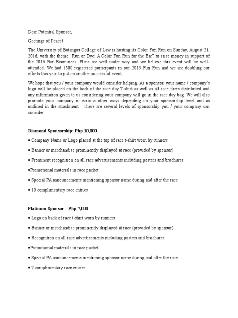 Fun Run Sponsorship Invitation Letter | PDF | T Shirt | Communication ...