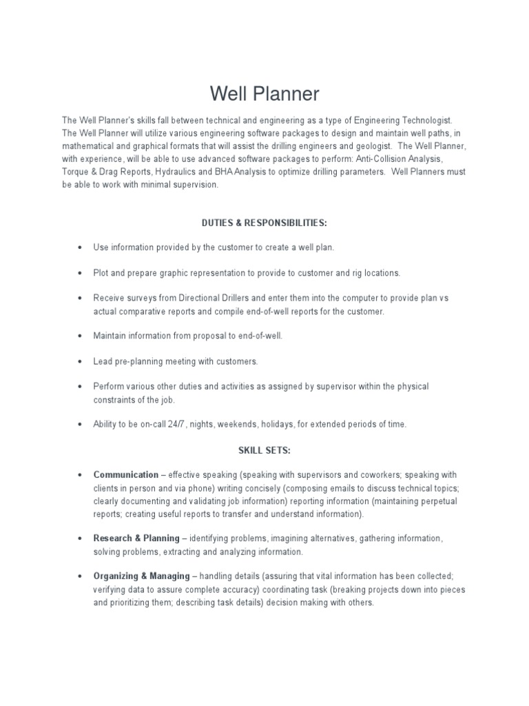 Well Planner Job Description PDF Portable Document Format Information