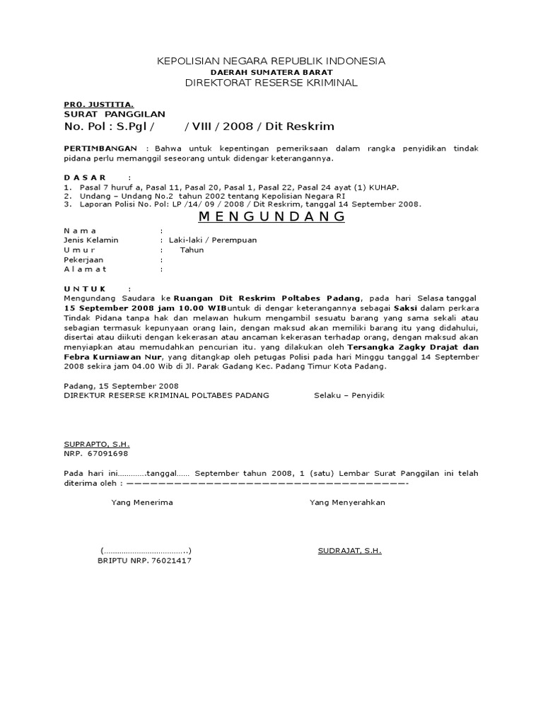 Format Surat Panggilan Taklimat