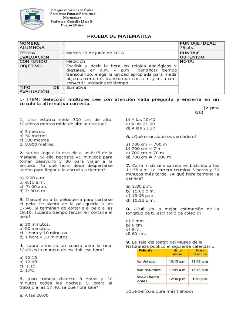 Prueba 4 MatemÁtica 4° Básico Medición 2016 Con Pauta Pdf 