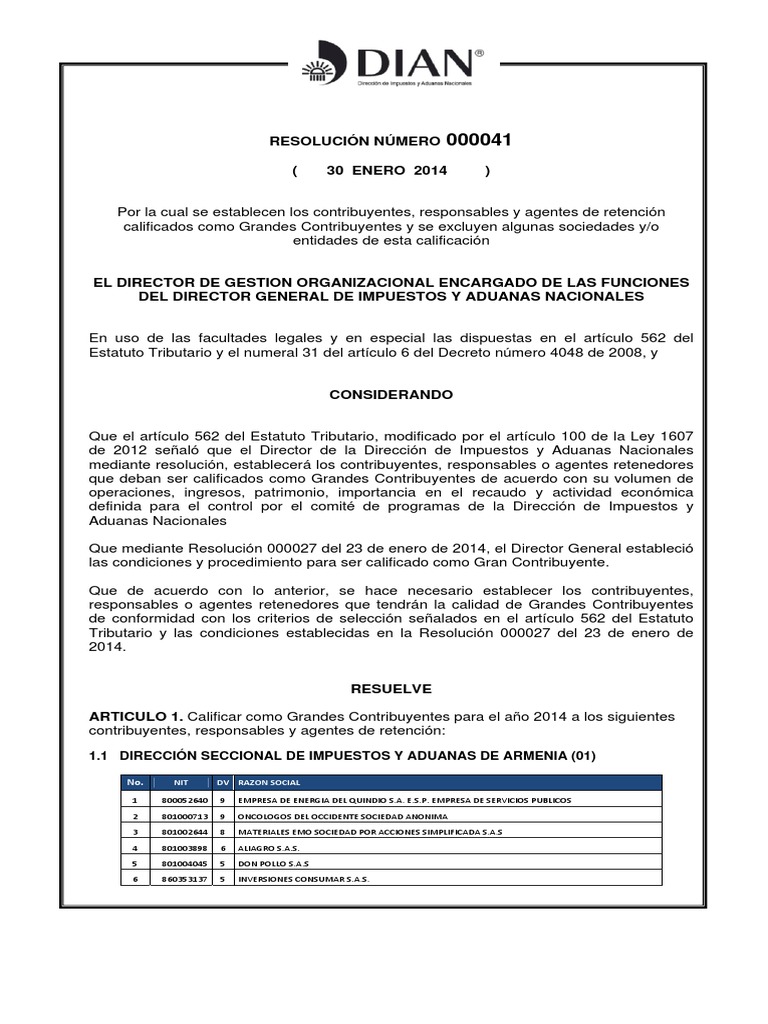 Resolucion Grandes Contribuyentes PDF Impuestos Colombia