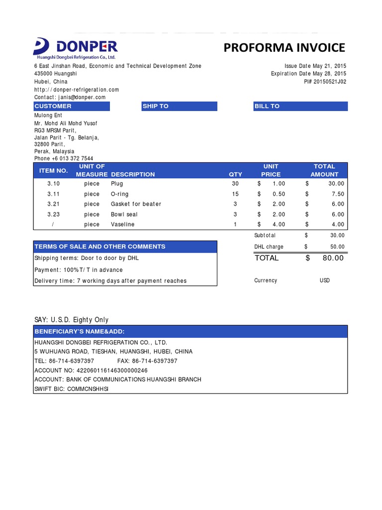 Proforma Invoice Customer Ship To Bill To PDF