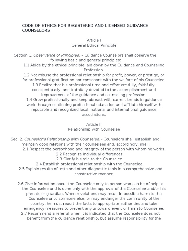 Code of Ethics for Registered and Licensed Guidance Counselors School