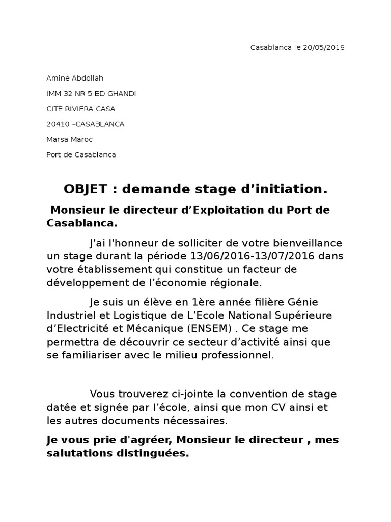 Demande De Stage Exemple Pdf