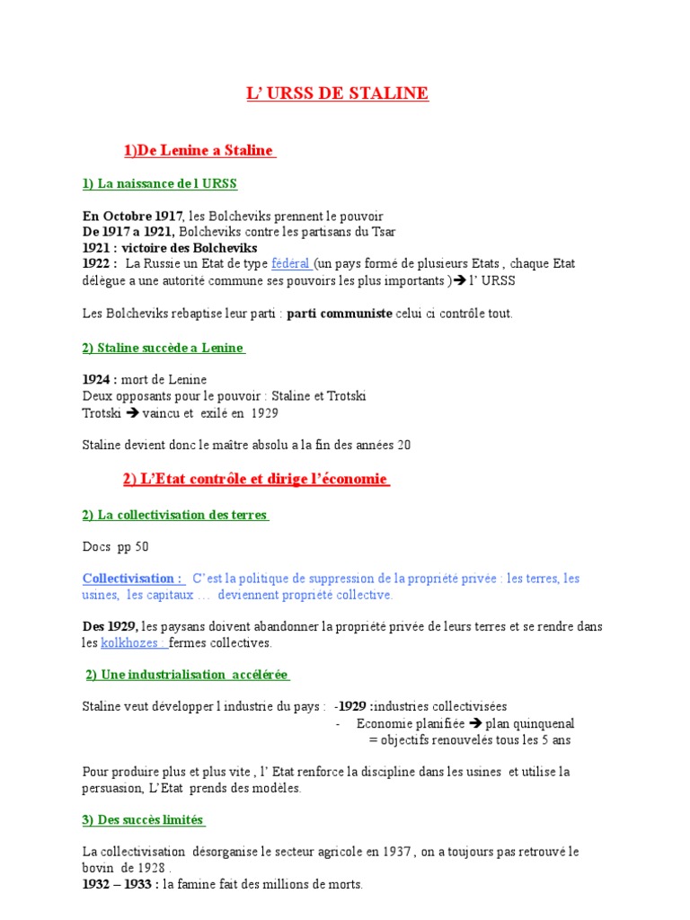 L urss De Staline Fiche De Revision URSS de Staline | PDF | Joseph Staline | Union soviétique