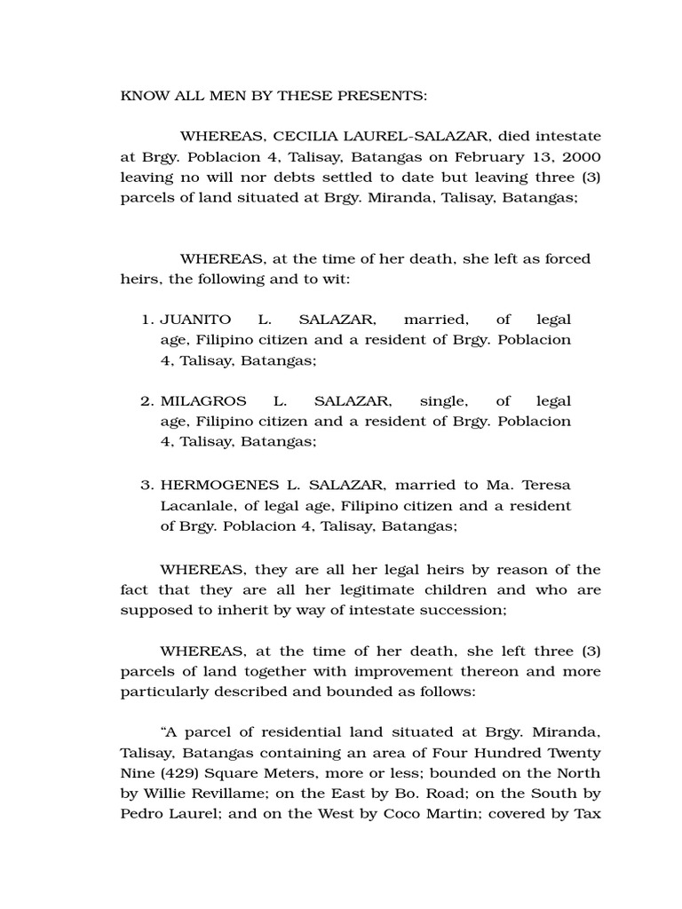 Sample Extrajudicial Settlement of Estate Property Law Government