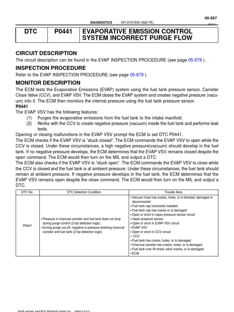 DTC P0441 Evaporative Emission Control System Incorrect Purge Flow