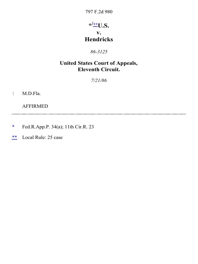 United States v. Hendricks, 797 F.2d 980, 11th Cir. (1986) | PDF
