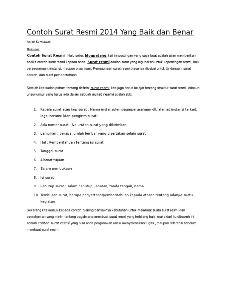 Contoh Surat Resmi 2014 Yang Baik Dan Benar
