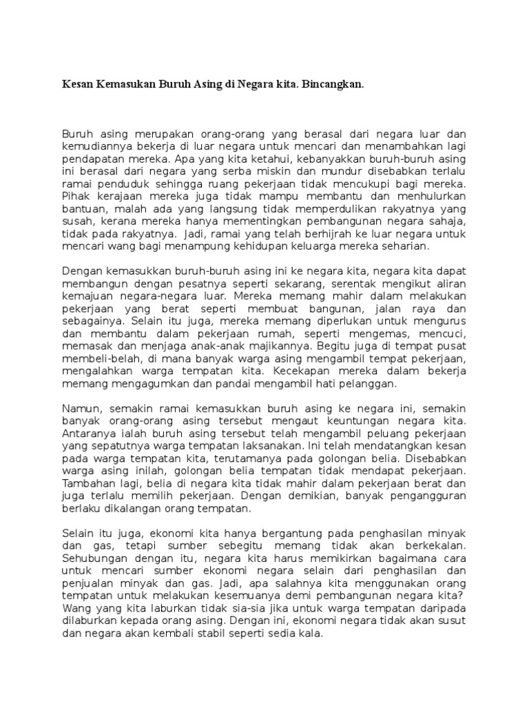 Kesan Kemasukan Buruh Asing Di Negara Kita Pdf