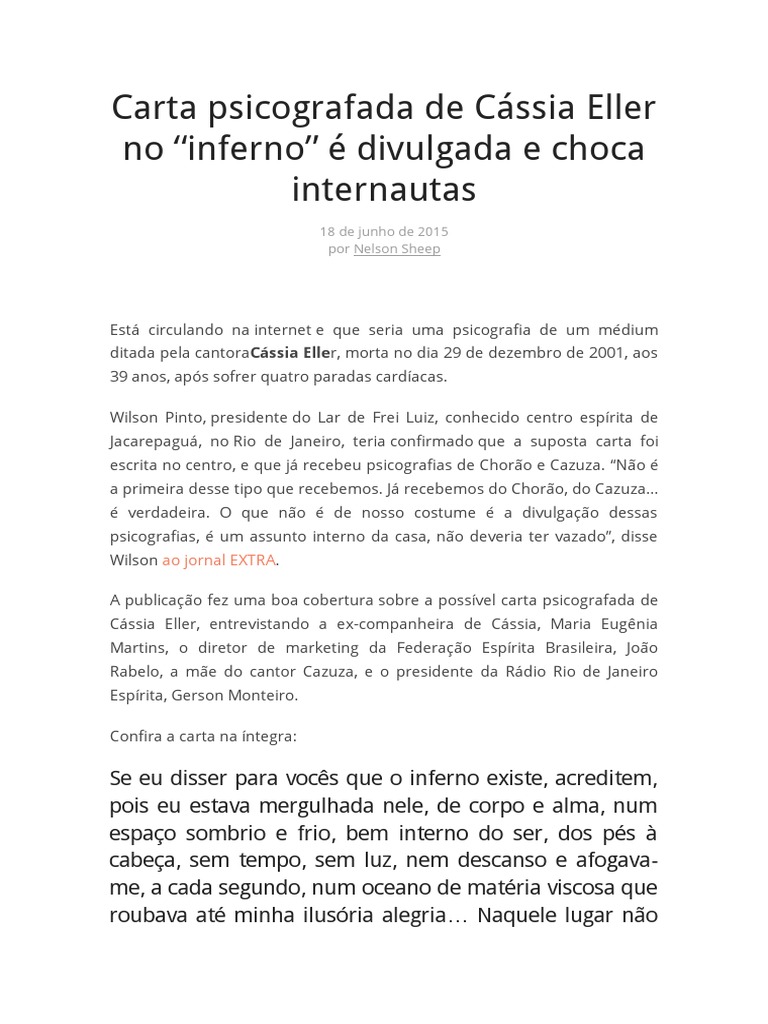 Carta Psicografada de Cássia Eller No | PDF | Espiritismo | Mente