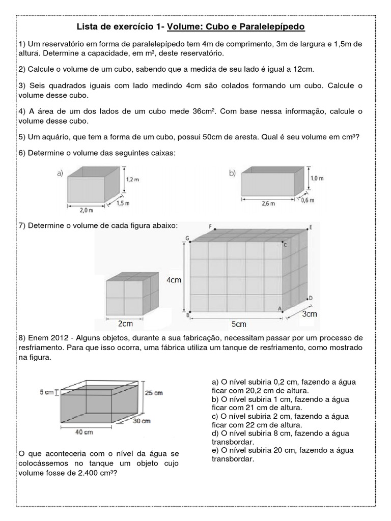 Lista de exercício- Volume: Cubo e paralelepípedo