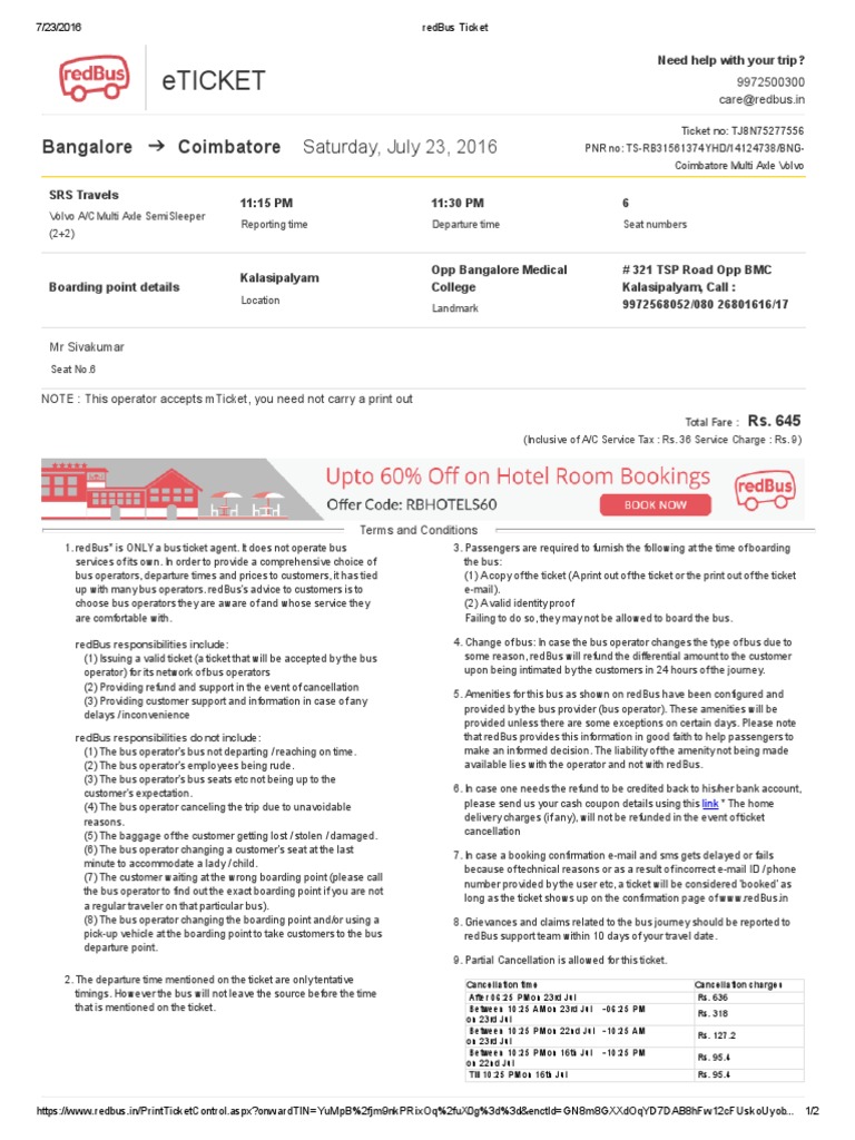 RedBus Ticket Ticket (Admission) Bus