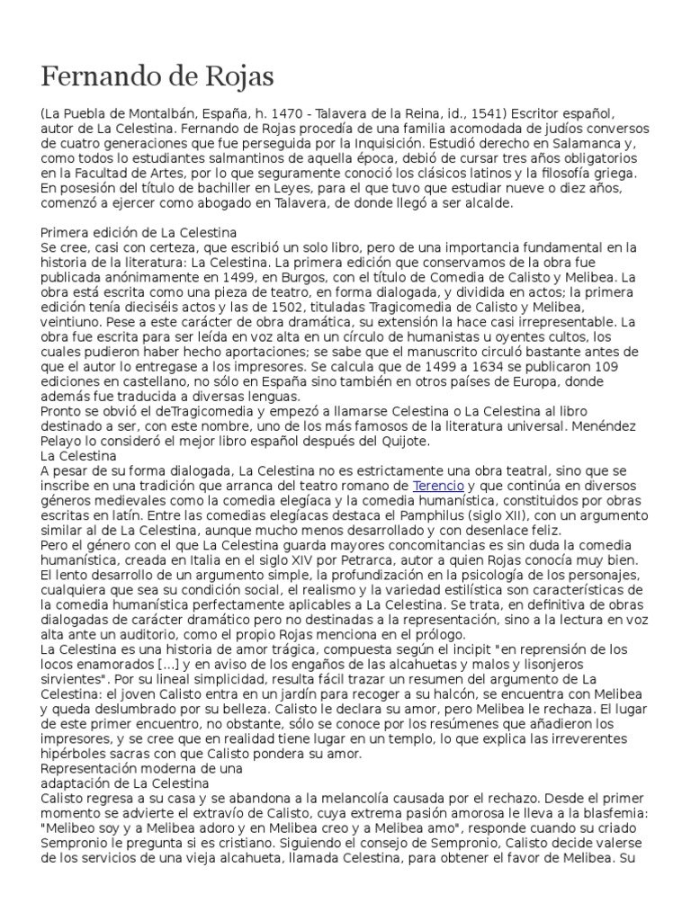 BIOGRAFIA de Fernando de Rojas PDF Miguel De Cervantes Don Quijote