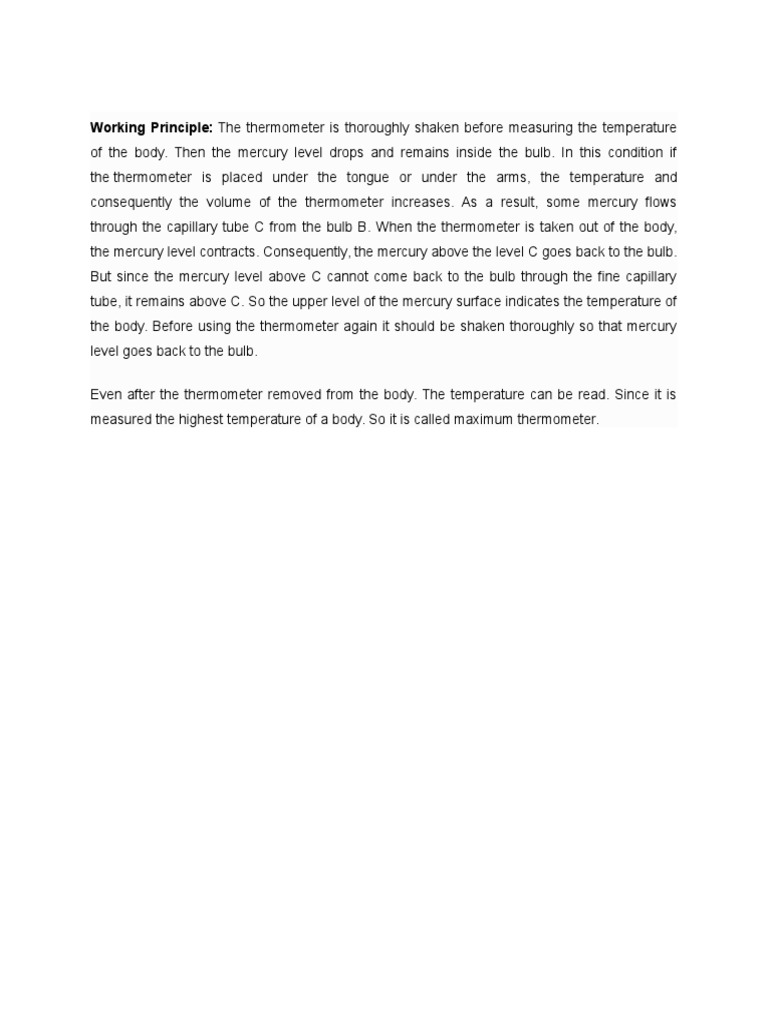 Working Principle The Thermometer Is Thoroughly Shaken Before Measuring The Temperature PDF