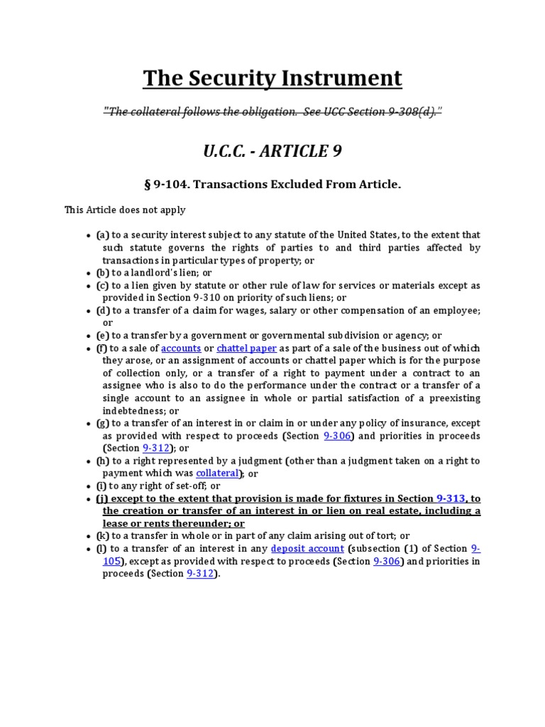 The Security Instrument UCC Article 9 Security Interest Promissory