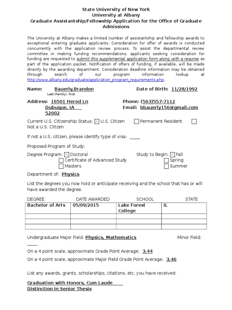 UAlbany Graduate Assistantship Application | PDF | Postgraduate ...