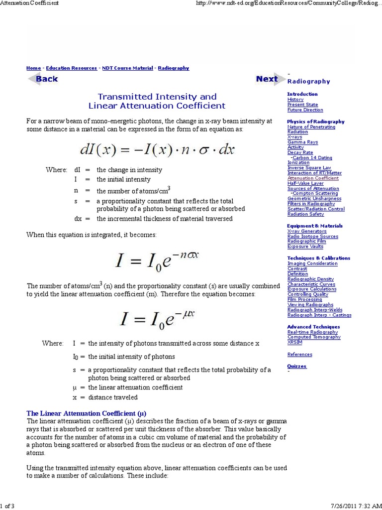 Transmitted Intensity and Linear Attenuation Coefficient | PDF