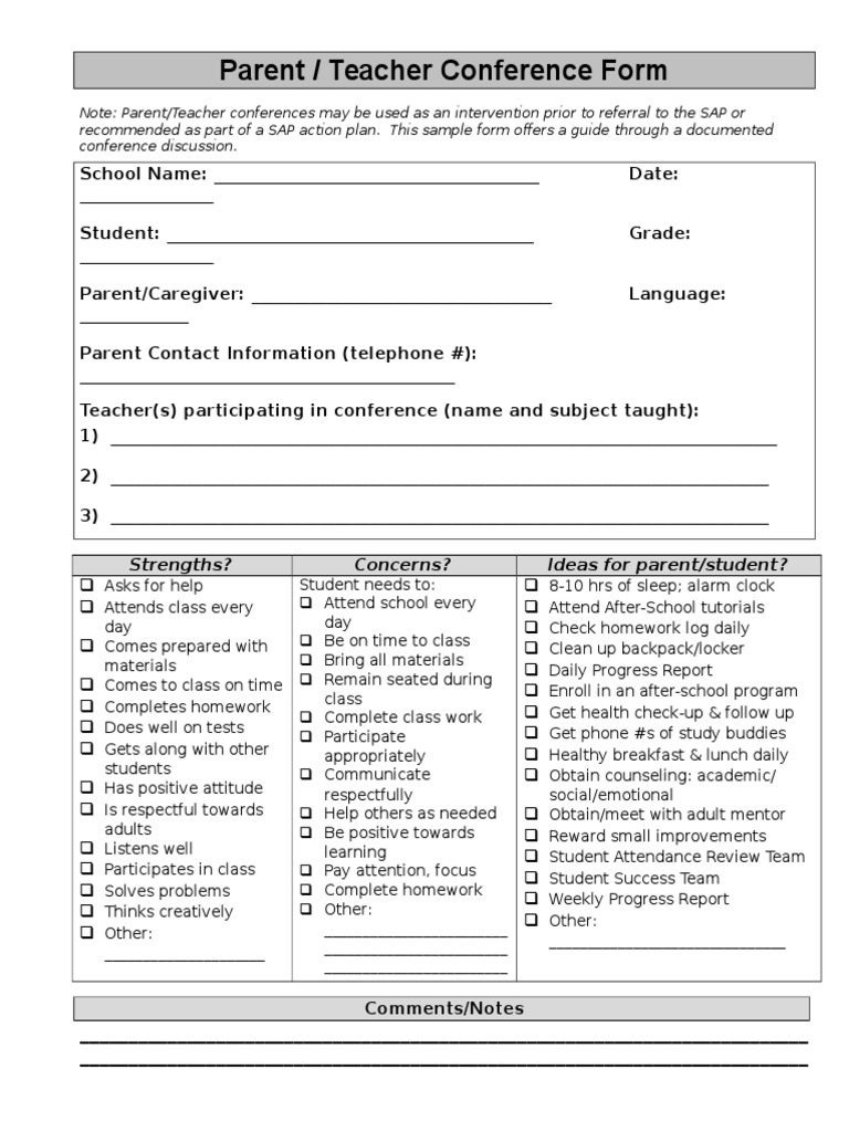 Parent-Teacher Conference Form Template | PDF