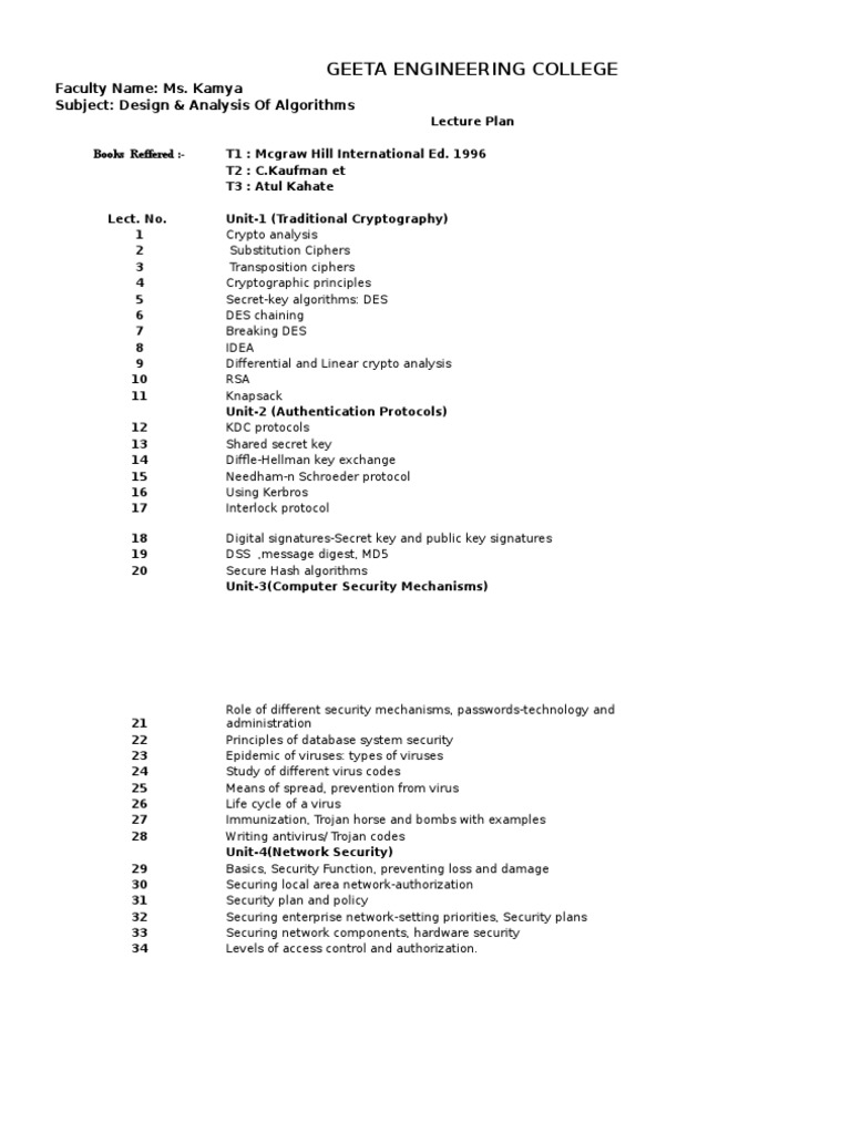 Design & Analysis of Algorithms Lecture Plan | PDF | Teaching Methods ...