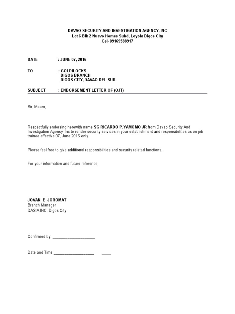 DASIA Security Agency Endorsement Letter | PDF | Law | Finance & Money ...