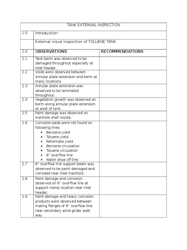 Tank External Inspection External Visual Inspection of TOLUENE TANK | PDF