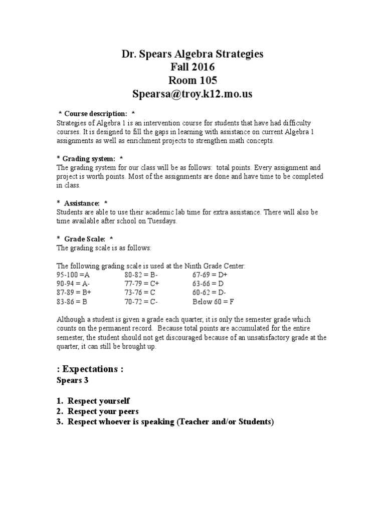 Algebra Strategies Syllabus Fall 2016 | PDF | Homework | Quality Of Life