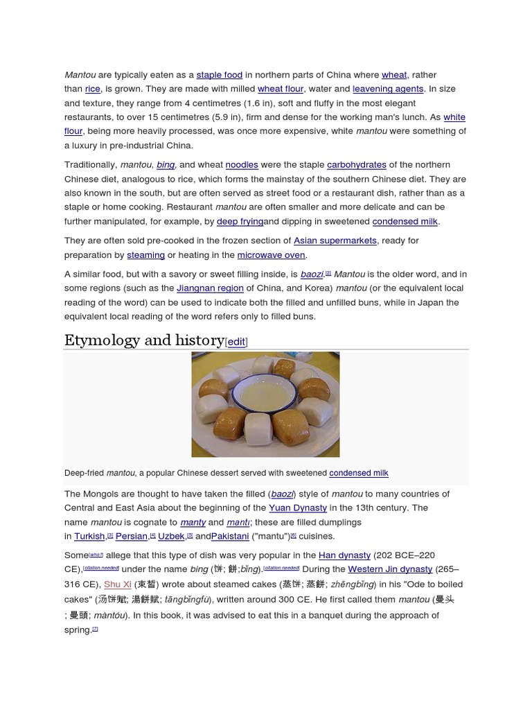 Etymology and History Mantou Are Typically Eaten As A PDF Asian