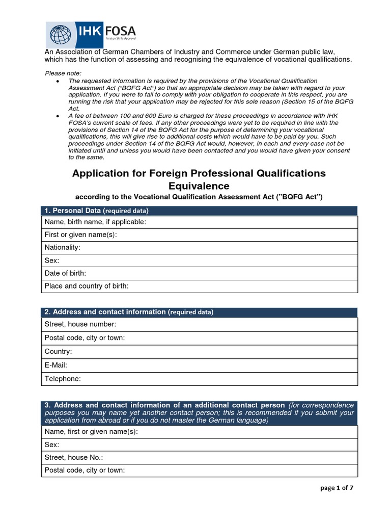 IHK FOSA Application for Qualification Equivalence | PDF | Identity ...