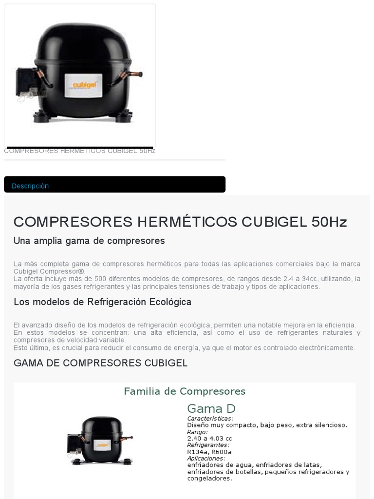 COMPRESORES HERMÉTICOS CUBIGEL 50Hz _ REYMoO.pdf | Motor eléctrico ...