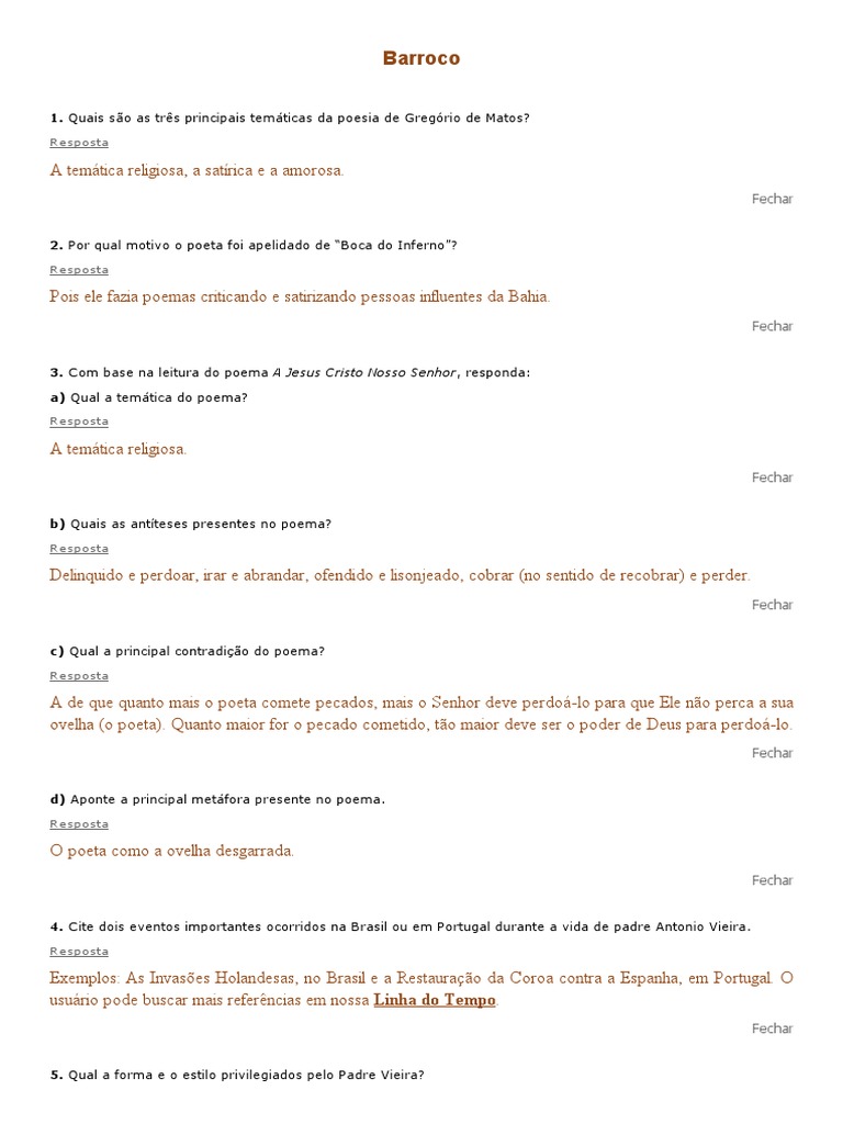 Exercícios Barroco - Só Literatura | PDF