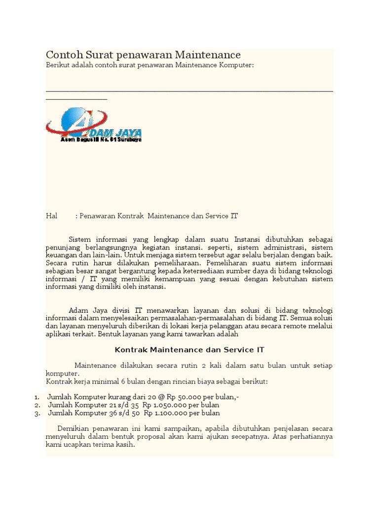 Berikut Adalah Contoh Surat Penawaran Maintenance Komputer