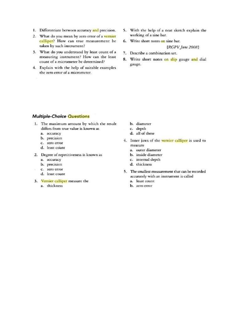MCQ PDF Calibration Measurement