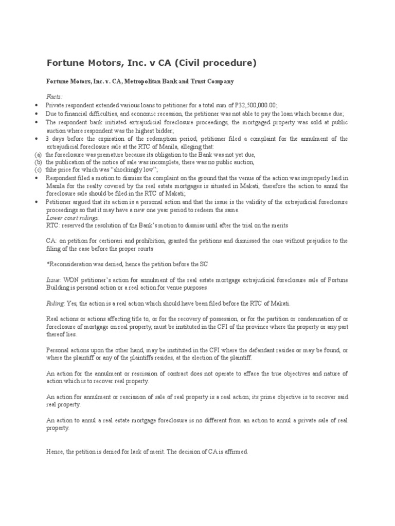 Fortune Motors, Inc. v. CA, Metropolitan Bank and Trust Company PDF
