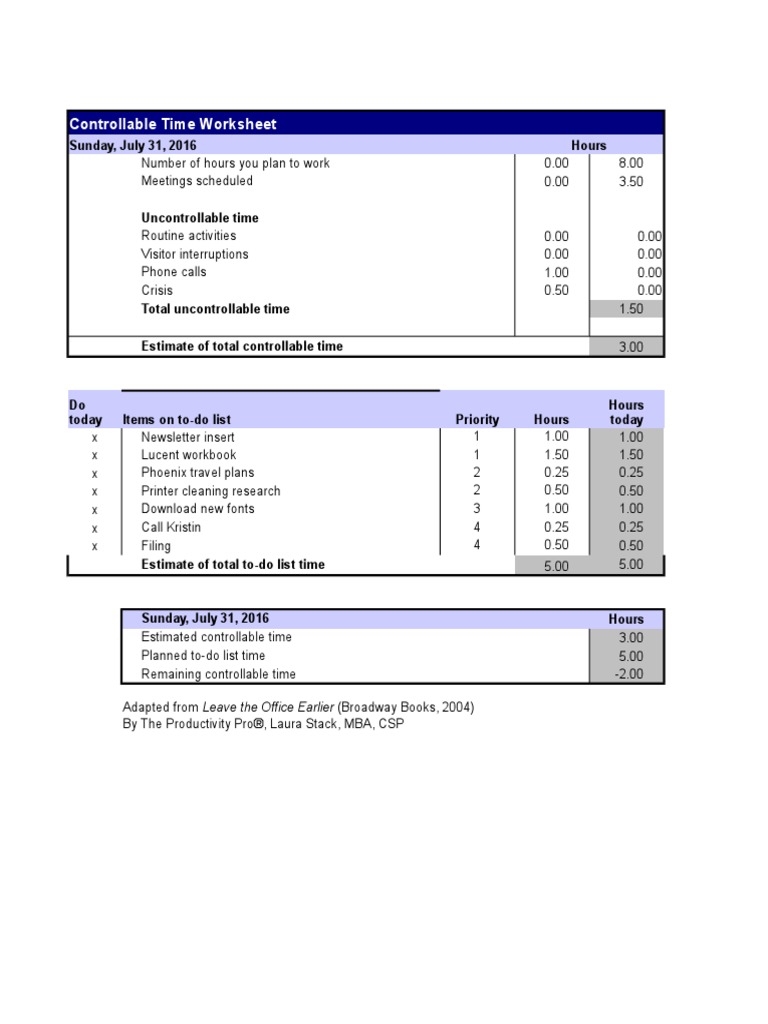 Controllable Time Worksheet Sunday, July 31, 2016 Hours PDF