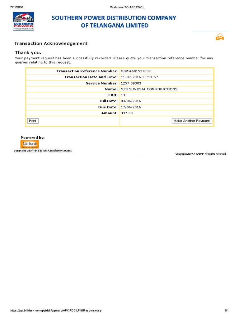 APCPDCL Payment Acknowledgement | PDF | Finance & Money Management
