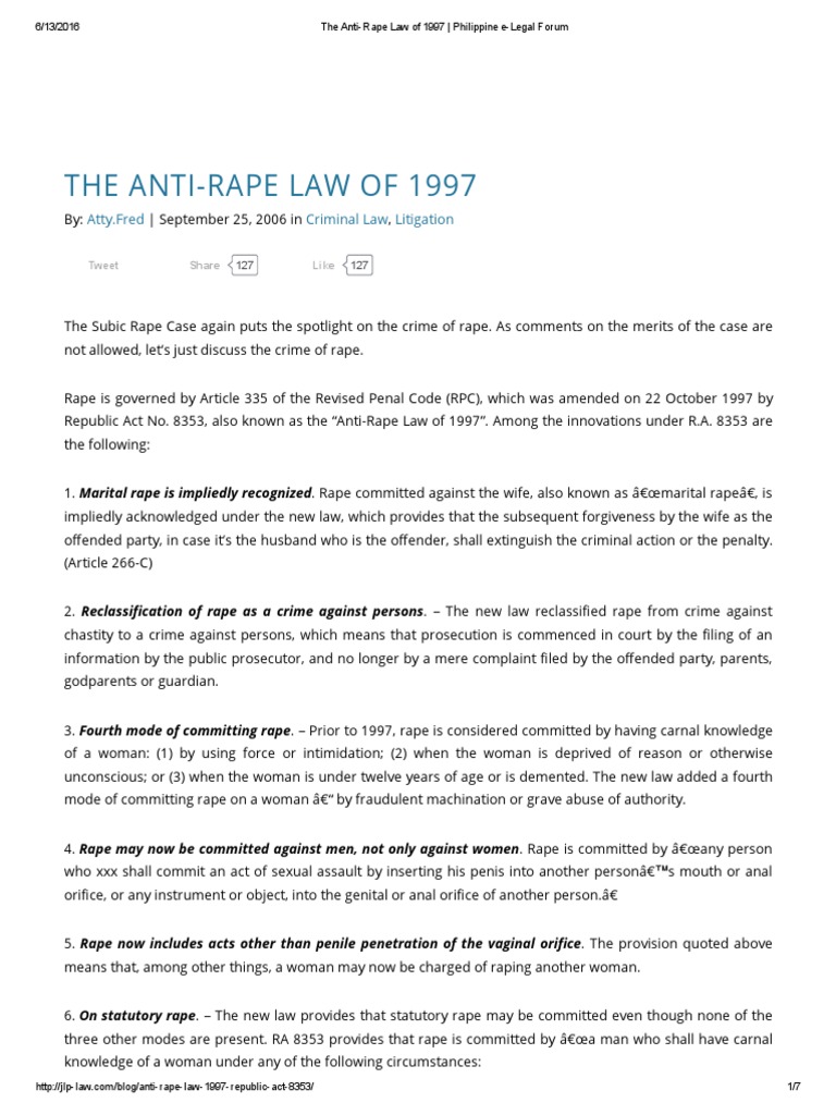 The Anti-Rape Law of 1997 - Philippine E-Legal Forum PDF | PDF | Rape ...