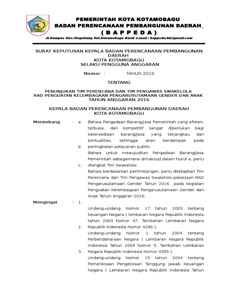 Sk Tim Perencana N Pengawas Swakelola Sekolah Unggulan
