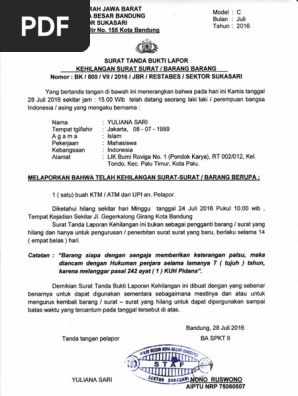 Contoh Surat Tanda Bukti Lapor Kehilangan Surat Barang Dari Kepolisian