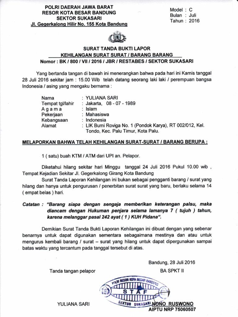 Contoh Surat Tanda Bukti Lapor Kehilangan Surat Barang Dari Kepolisian