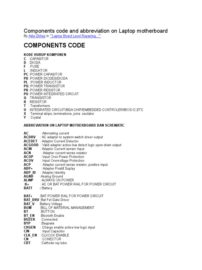 Components Code and Abbreviation On Laptop Motherboard PDF