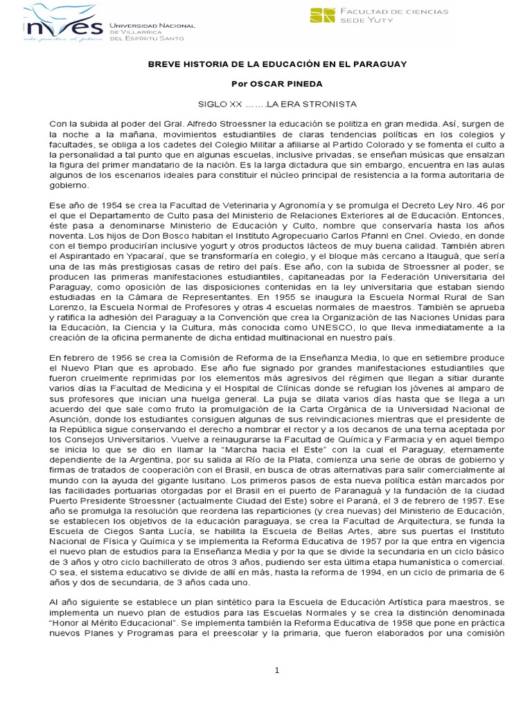Breve Historia de La Educación en El Paraguay, Ultimo Material | PDF ...