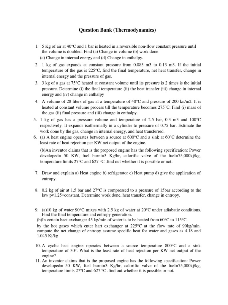 Thermodynamic Calculations And Concepts A Collection Of Problems