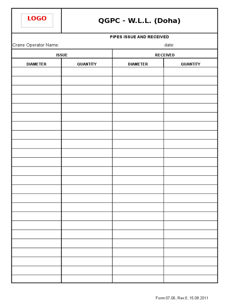 Pipe Inventory Log Form | PDF